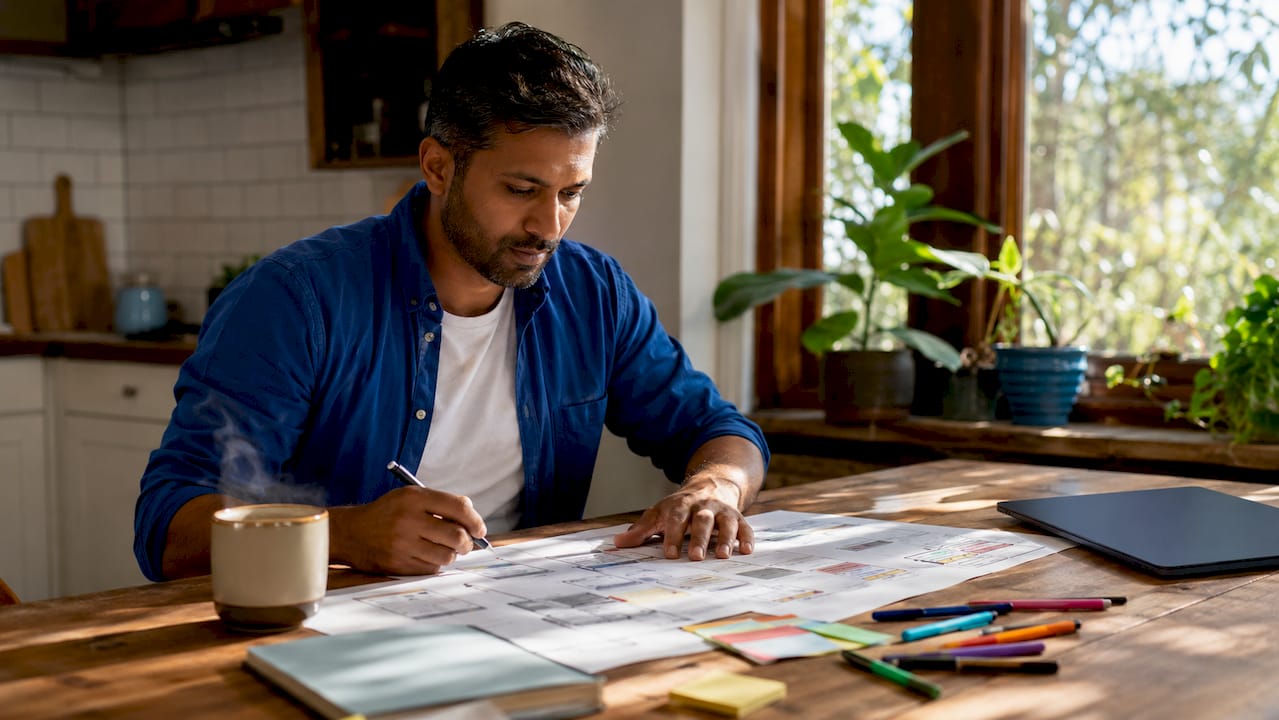 Man reviewing website wireframes at desk