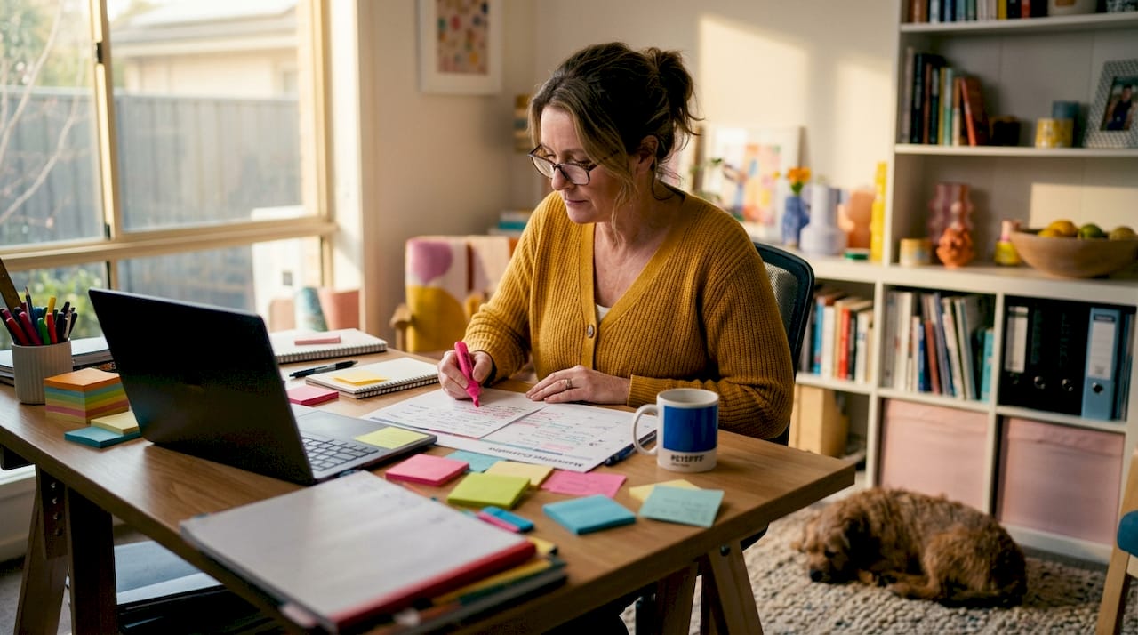 Small business owner reviewing marketing strategy at home