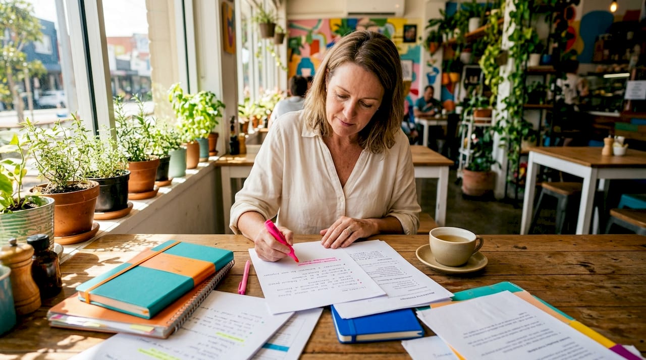 Woman reviewing marketing campaign notes at home kitchen table
