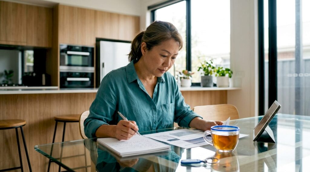 Woman reviewing startup paperwork at home