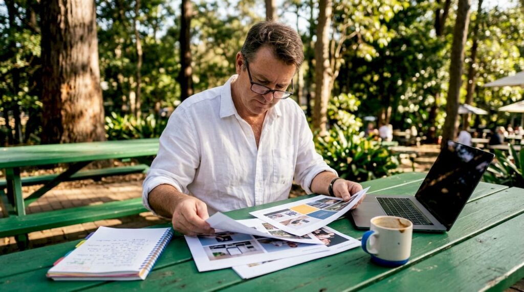 Business owner reviewing media kit printed pages