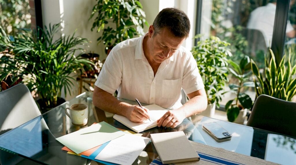 Man writing business plan at home kitchen table
