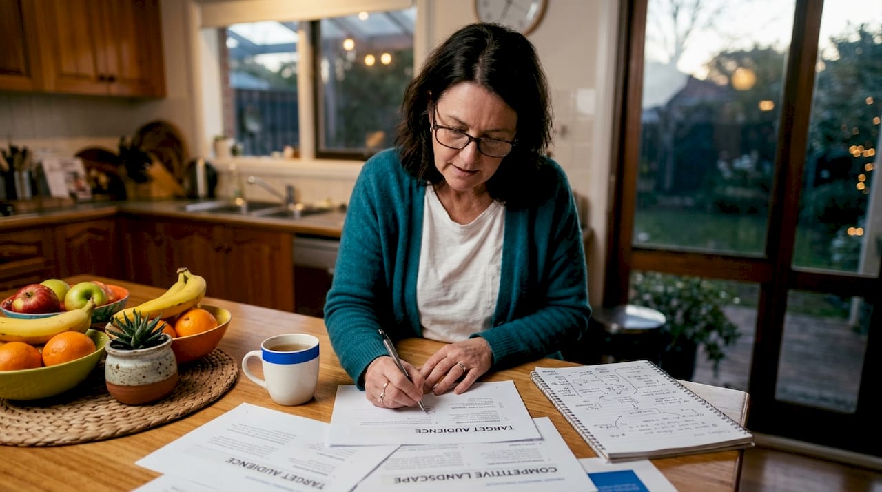 Australian business founder reviewing brand strategy at home