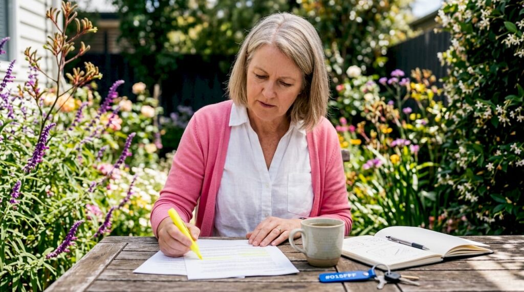 Middle-aged woman reviewing SEO strategy notes in home office
