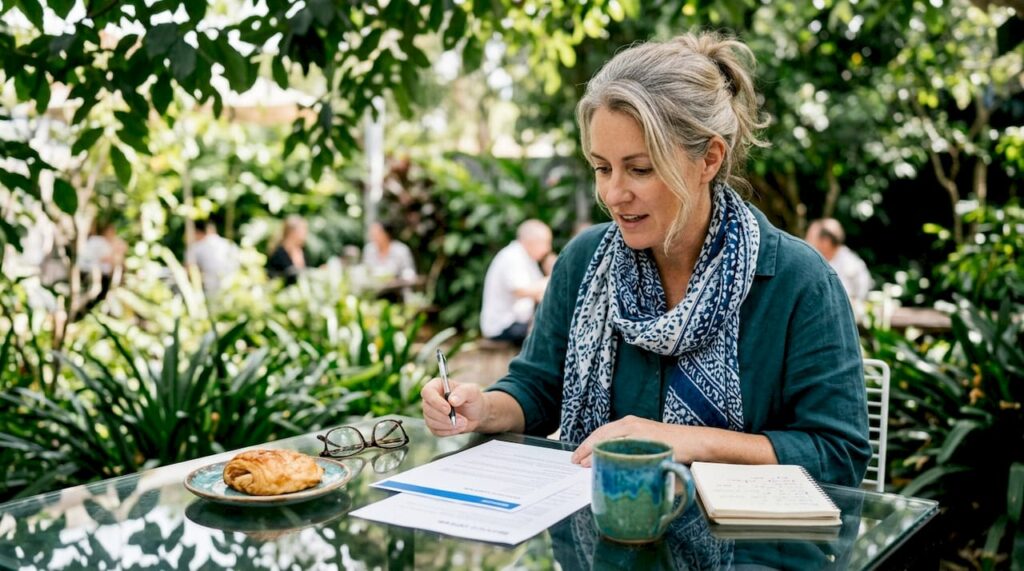 Mid-aged woman reviewing service proposal papers