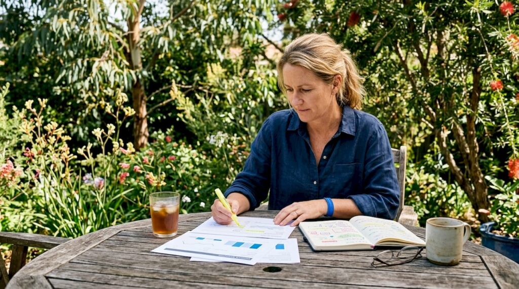 Australian businesswoman reviewing website analytics at home