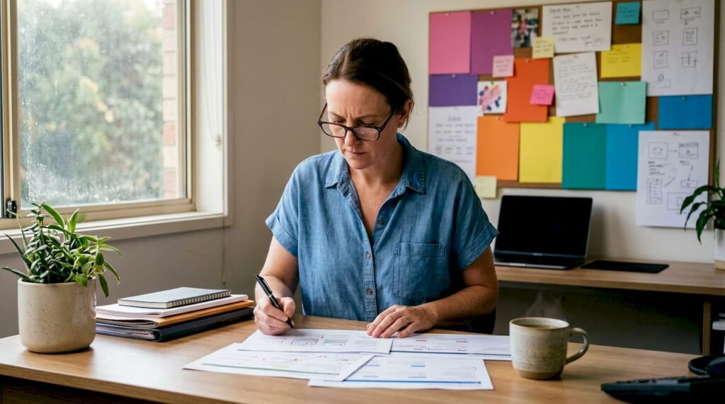 Businesswoman reviewing website content at home