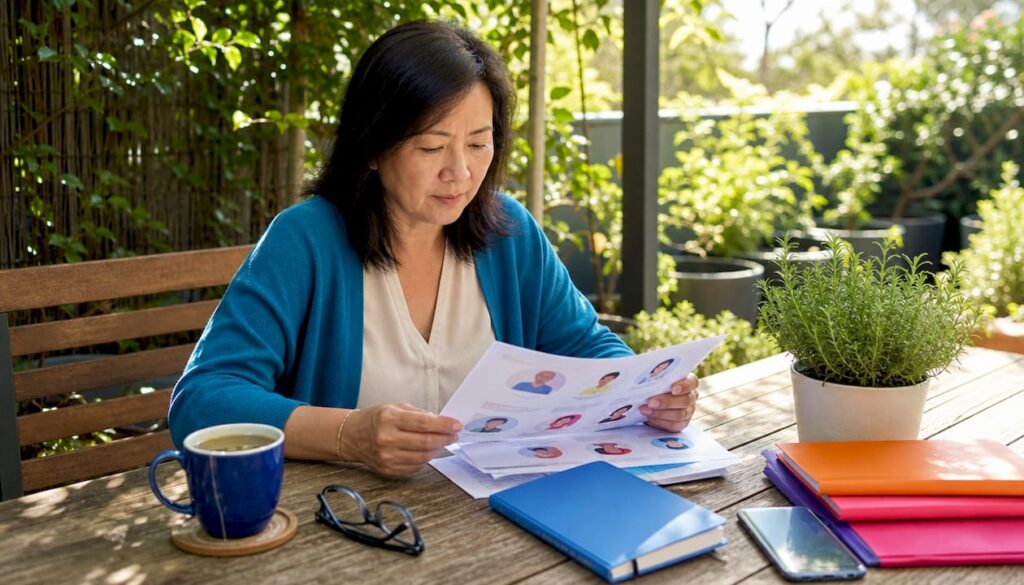 Woman reviewing customer personas at home workspace