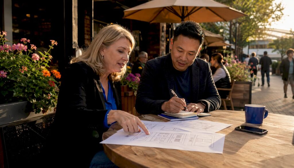 Two professionals discussing landing page sketches