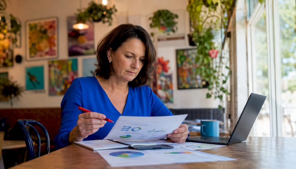 Woman reviewing website analytics reports at home