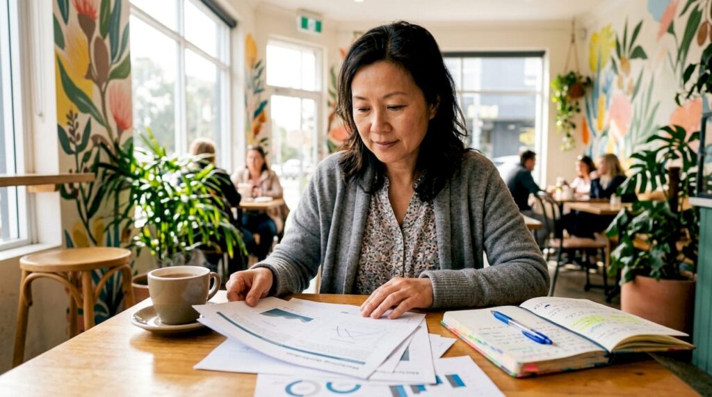 Midlife Australian woman reviewing workshop materials
