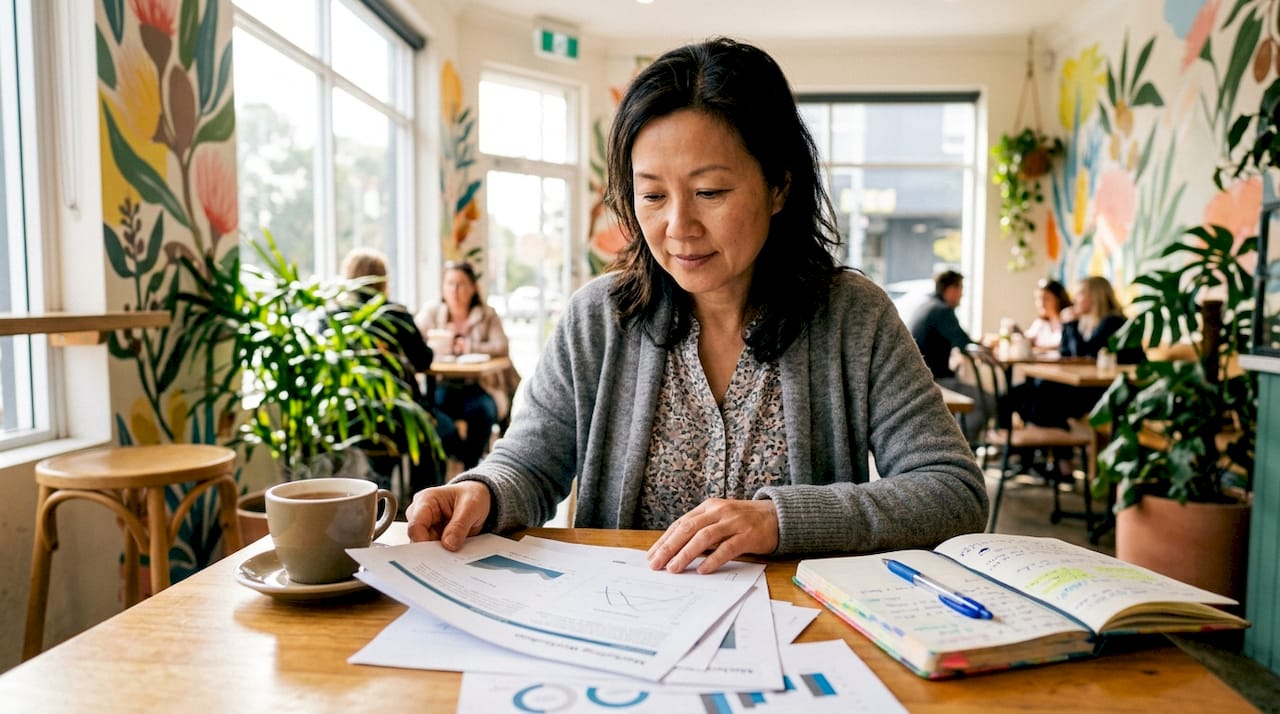 Midlife Australian woman reviewing workshop materials