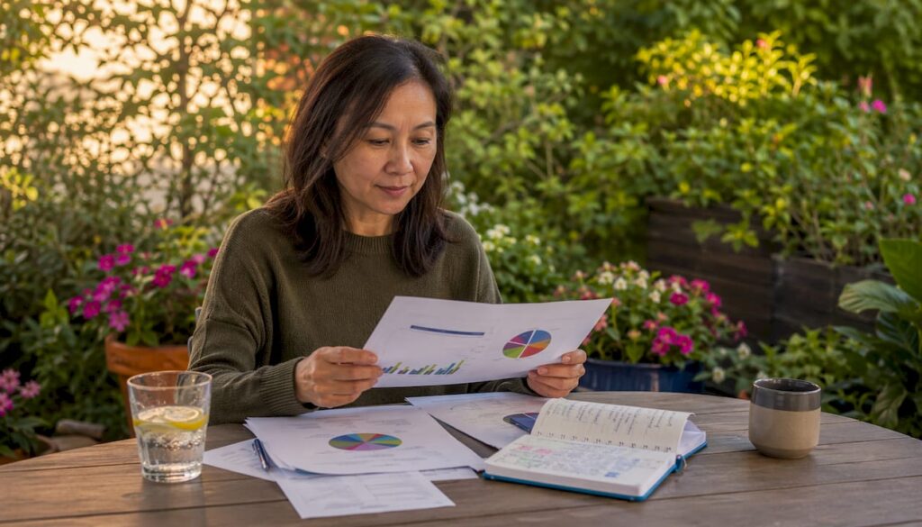 Mid-aged woman reviewing website reports at home office