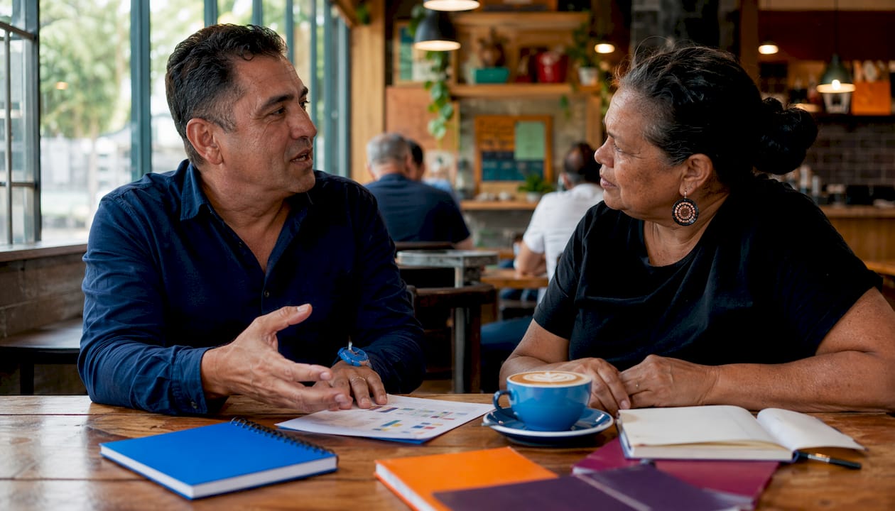 Two businesspeople discussing marketing workshop notes