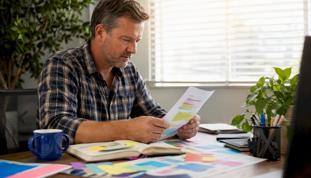Mid-aged male Australian business owner reviewing marketing notes