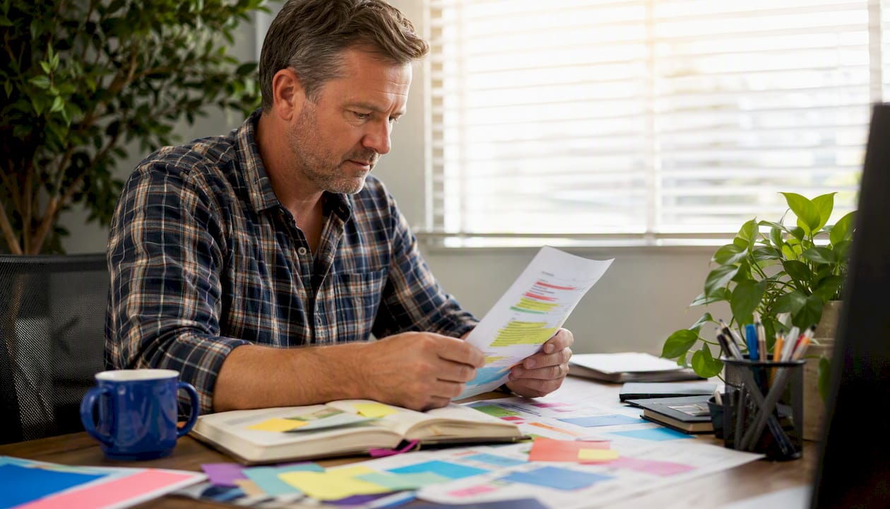 Mid-aged male Australian business owner reviewing marketing notes