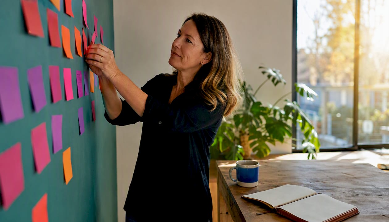 Business owner arranging colour sticky notes on wall