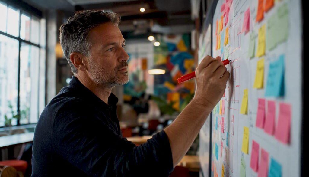 Business owner adjusting marketing plan on whiteboard