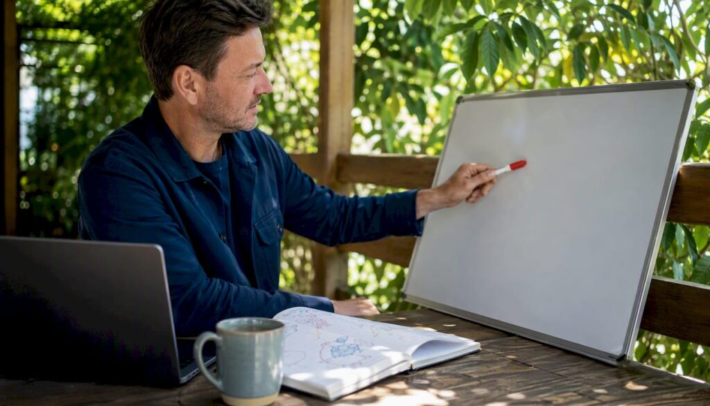 Business owner planning GTM strategy on whiteboard