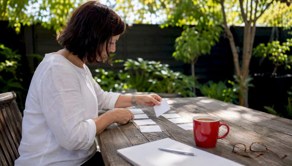 Hands arranging cards at wooden desk