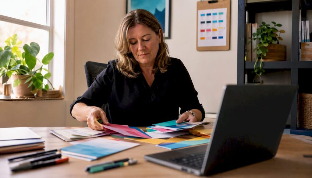 Woman organizing colorful folders on desk