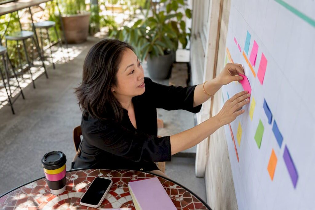 Businesswoman arranging launch timeline notes