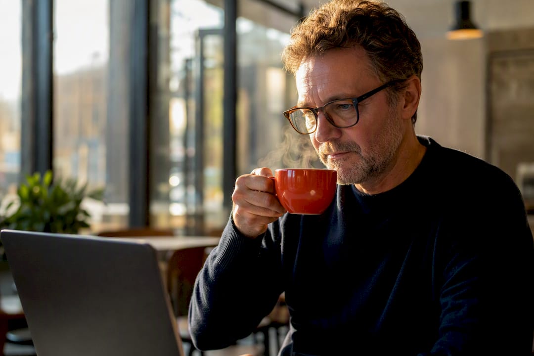 Business owner researching on laptop with coffee