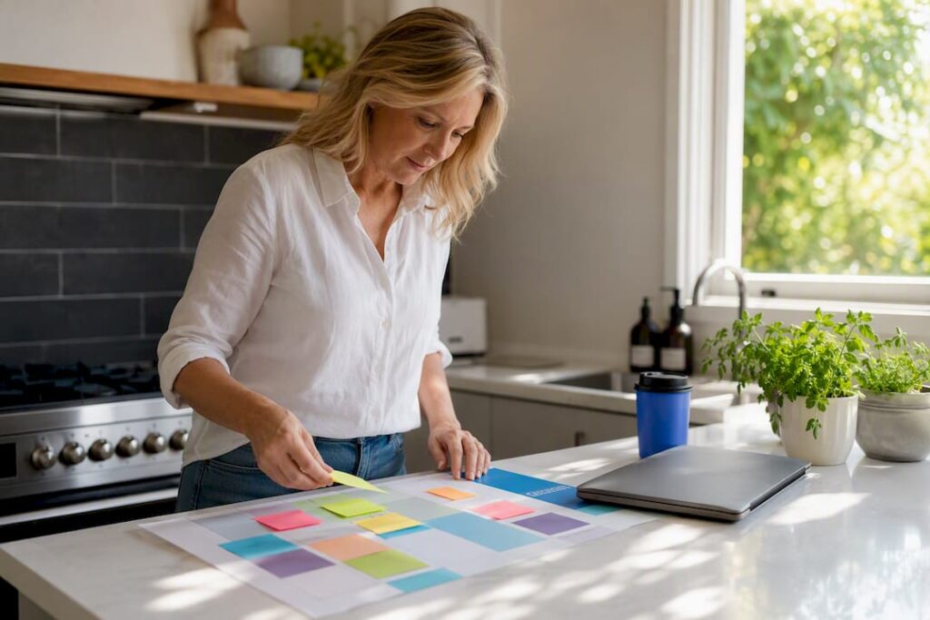 Businesswoman placing sticky flag on notes