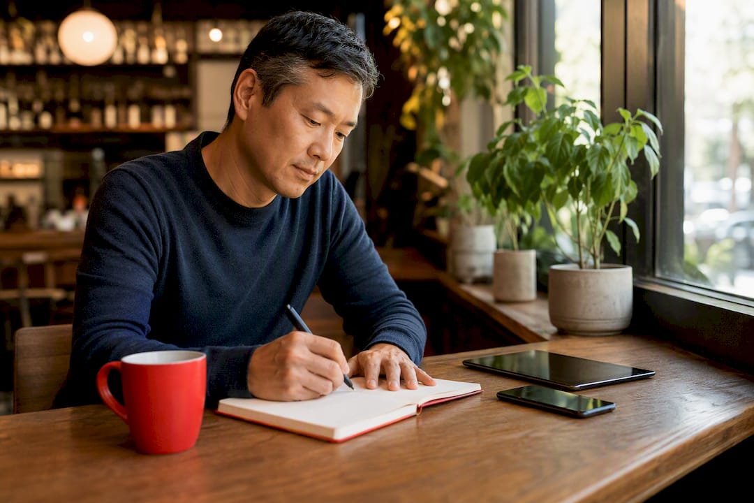 Person preparing proposal notes in home office