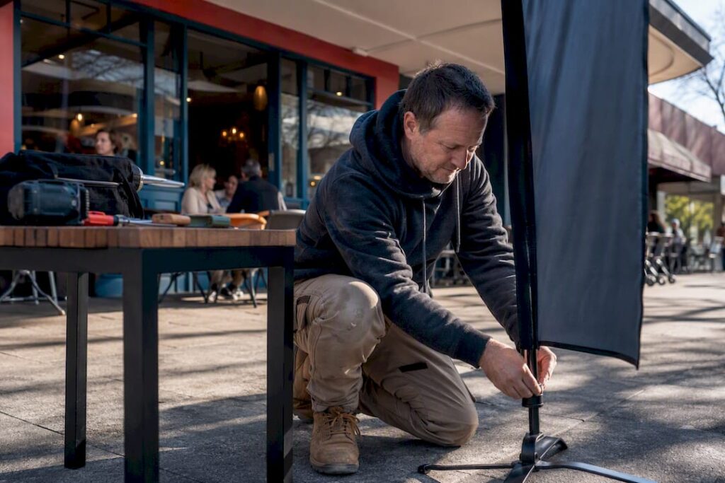 Tradie setting up job site signage