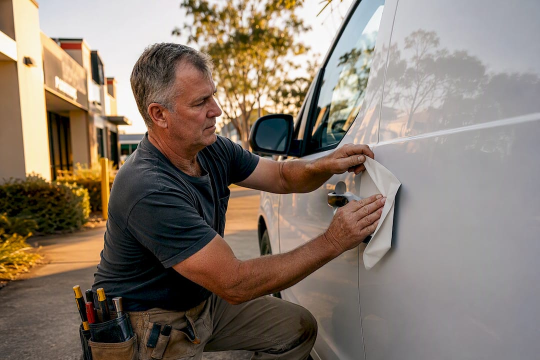 Tradie manually applying branding sticker outdoors