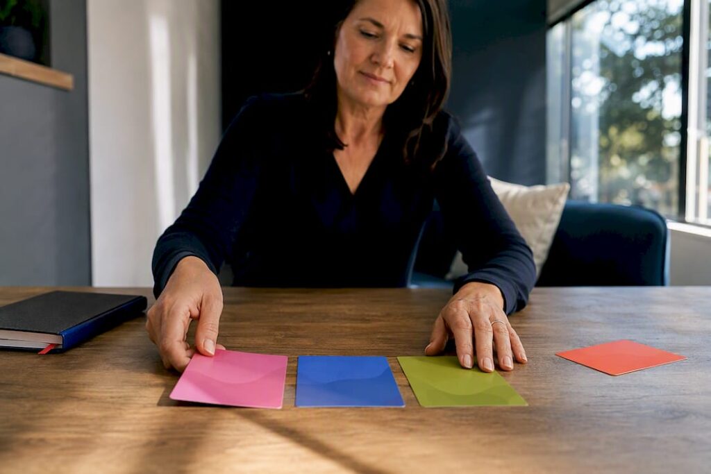 Owner arranging brand messaging cards