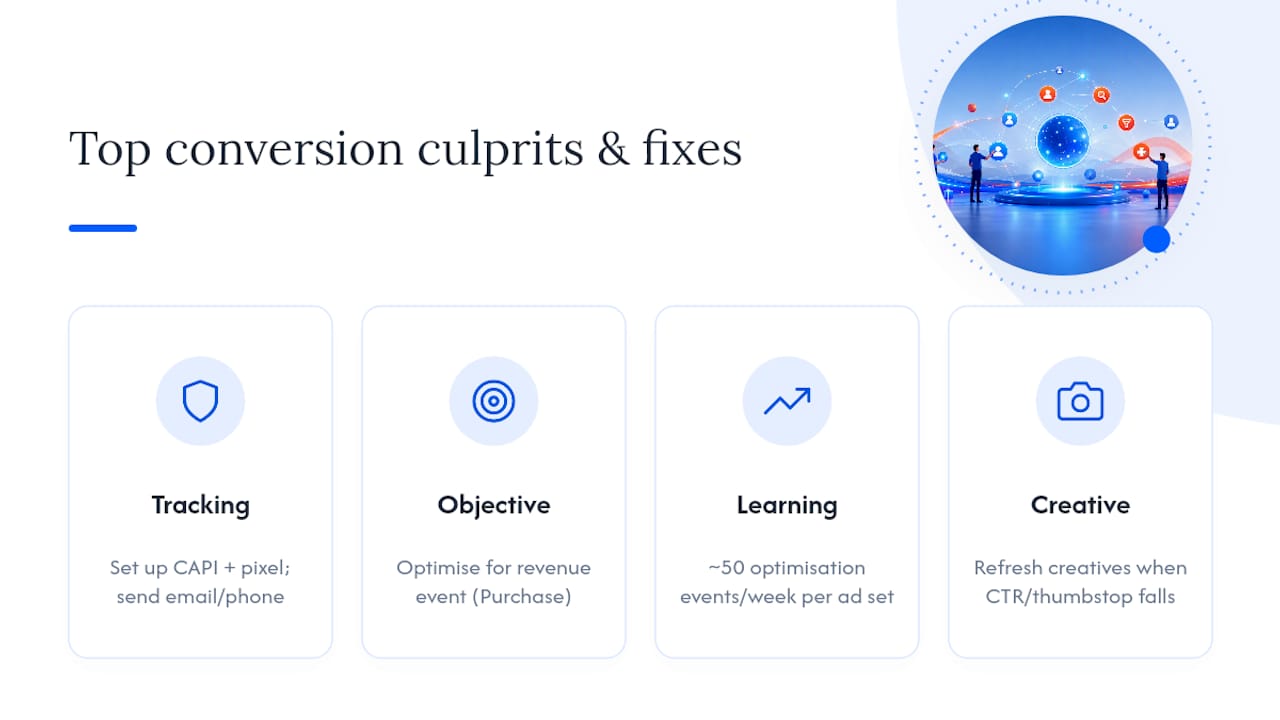 Top reasons Facebook ads aren't converting (and the fix for each) — overview diagram