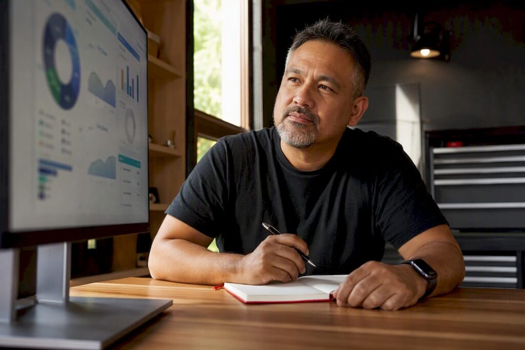 Australian business owner reviewing KPI dashboard