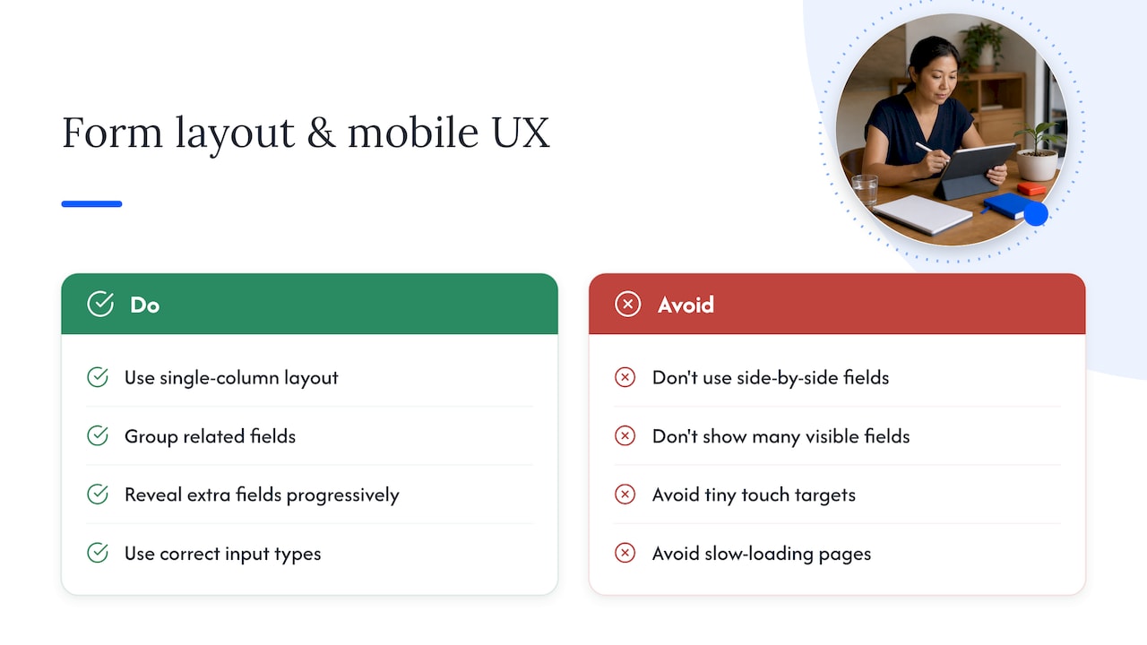 Design and UX: layout, field presentation and mobile behaviour — overview diagram